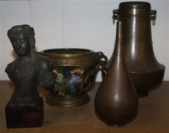 3 Oriental bronze vessels and bronze bust
